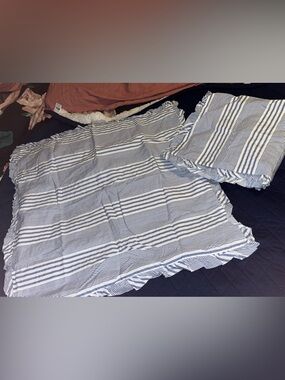 Laura Ashley ~Blue and White Striped Pillow Sham Ruffles Set~2~Cotton~25X25”